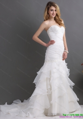 2015 Modest Sweetheart Mermaid Wedding Dress with Ruching and Ruffles