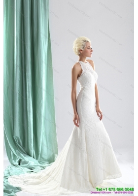Unique White High Neck Lace Mermaid Bridal Dresses with  Brush Train