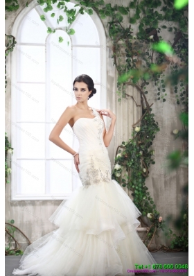 2015 Luxurious One Shoulder Wedding Dress with Beading and Ruching