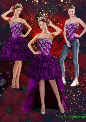 2015 Detachable Beautiful Purple Strapless Prom Skirts with Embroidery and Ruffles