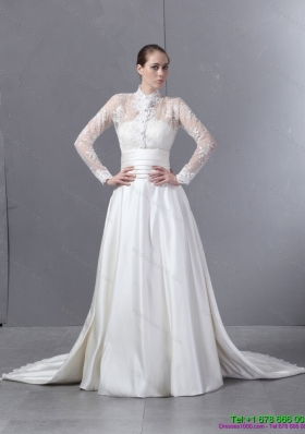 2015 Ruched Strapless White Wedding Dresses with Brush Train