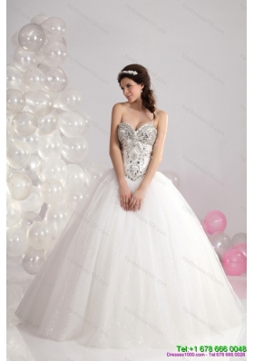 2015 Ruffled White Sweetheart Wedding Dresses with Brush Train and Rhinestone