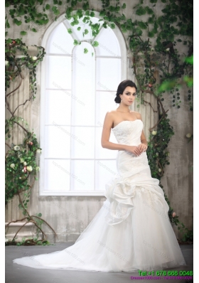 2015 White Strapless Ruffled Wedding Dresses with Brush Train