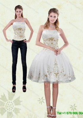 2015 Pretty Strapless Knee Length White Detachable Prom Skirts with Appliques