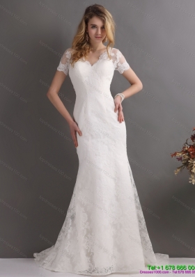 2015 Classical V Neck Lace Wedding Dress with Short Sleeves
