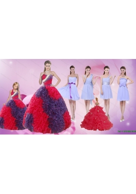 Elegant Multi Color Floor Length Quinceanera Dress and Ruching Short Dama Dresses and  Multi Color Halter Top Little Girl Dress