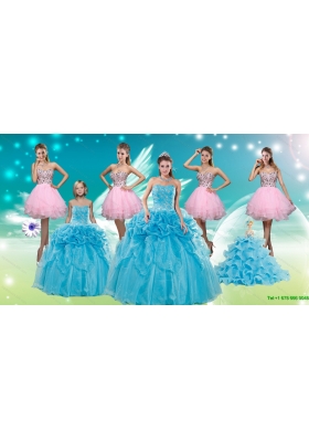 Baby Blue Ball Gown Pick Ups Quinceanera Dress and Beading Rose Pink Short Dama Dresses and Pick Ups Little Girl Dress