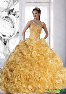 Most Popular Strapless Gold 2015 Quinceanera Gowns with Beading and Rolling Flowers