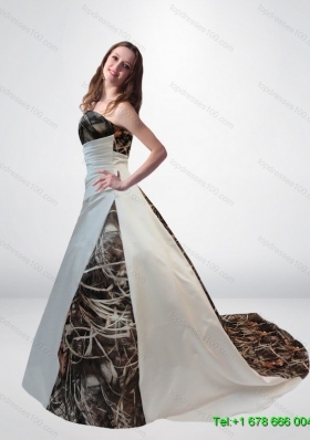 Romantic A Line Strapless Camo Wedding Dresses with Chapel Train