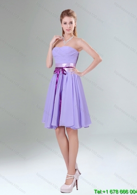 Elegant Lavender Ruched Mini Length Dama Dress with Bowknot Sash
