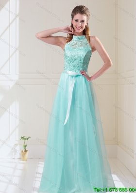 Elegant 2015 Summer Empire Halter Top Laced Mint Dama Dresses with Sash