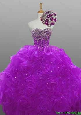 2015 Natural Quinceanera Dresses with Beading and Rolling Flowers