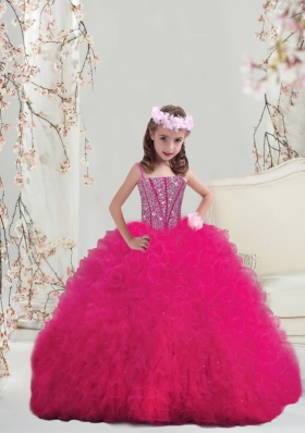 Lovely Spaghetti Hot Pink Little Girl Pageant Dresses with Beading and Ruffles