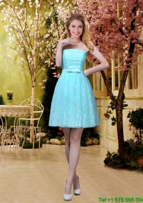 2016 Elegant A Line Laced Prom Dresses with Belt in Aqua Blue