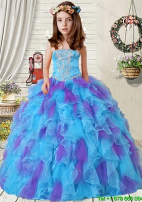 2016 New Style Appliques Little Girl Pageant Dress with Ruffles in Purple and Blue