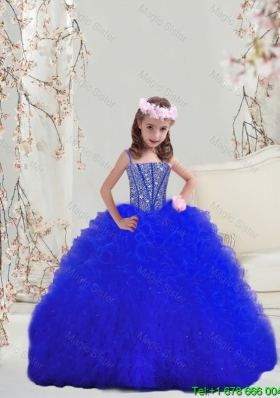 2016 Spring Fitting Beaded and Ruffles Royal Blue Mini Quinceanera Dresses with Spaghetti
