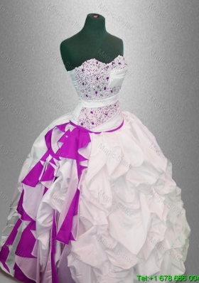 Custom Made Ball Gown Beaded Quinceanera Dresses in White and Fuchsia