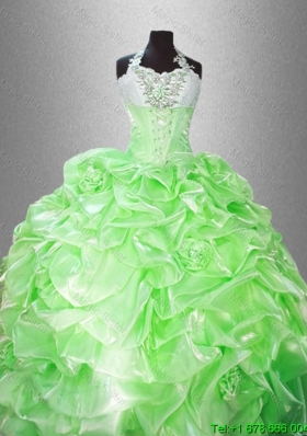 Luxurious Halter Top Pick Ups Quinceanera Gowns in Spring Green