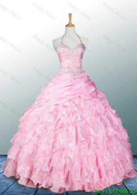 Pretty Halter Top Pink Quinceanera Dresses with Appliques