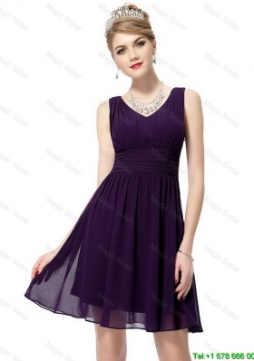 Sexy V Neck Dark Purple Prom Dresses with Ruching