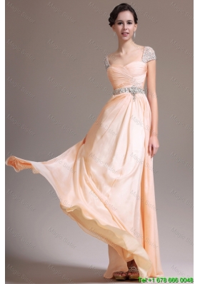 Suitable Empire Straps Beaded Prom Dresses with Cap Sleeves