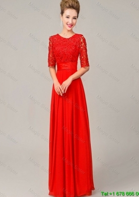 Fashionable Scoop Laced Red Prom Dresses with Half Sleeves