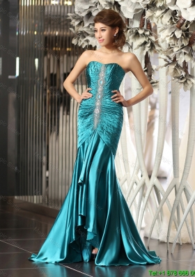 Luxurious Mermaid Brush Train Beaded Prom Dresses in Teal