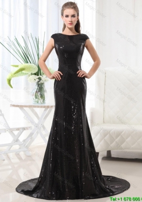 Beautiful Column Bateau Brush Train Sequins Prom Dresses in Black