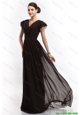 Hot Sale V Neck Ruching Empire Brush Train Prom Dresses in Black