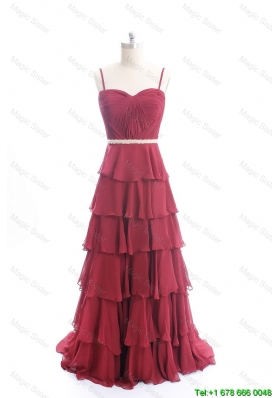 Clearence Brush Train Belt and Ruffled Layers Prom Dresses in Wine Red