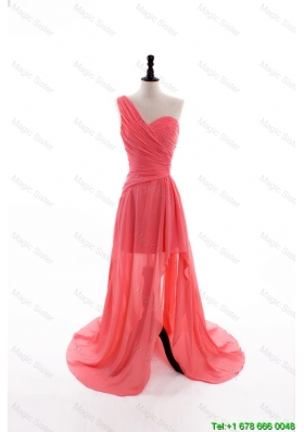 Clearence Column One Shoulder Watermelon Prom Dresses with Ruching