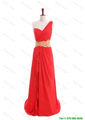Designer Appliques and Ruffles One Shoulder Prom Dresses with Sweep Train