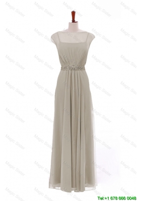 Designer Bateau Grey Long Prom Dresses with Beading and Sashes