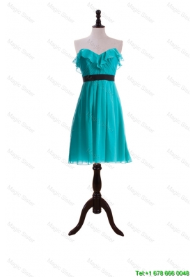 New Style Ruffles and Belt Short Prom Dresses in Turquoise