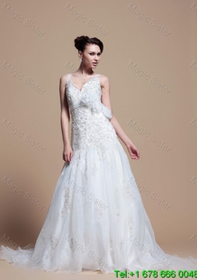 2016 Romantic A Line V Neck Wedding Dresses with Hand Made Flowers