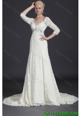 Beautiful Empire Lace White Long Wedding Dresses with Court Train for 2016