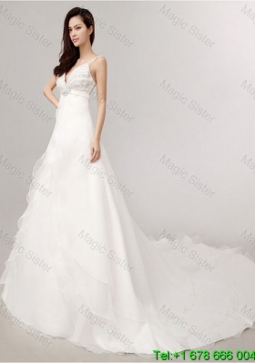 2016 Romantic A Line Spaghetti Straps Court Train Wedding Dress with Beading