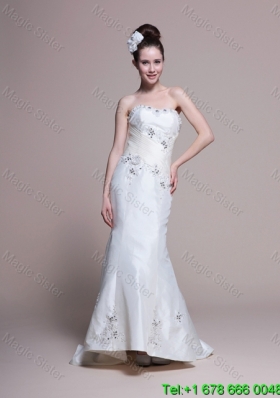 Mermaid Strapless Brush Train Romantic Wedding Dresses with Appliques