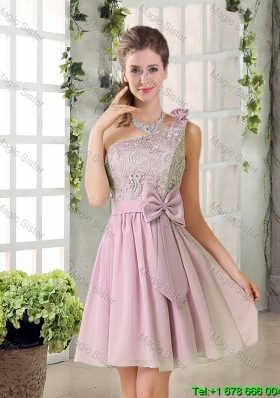 Discount A Line One Shoulder Pink Prom Dresses with Bowknot
