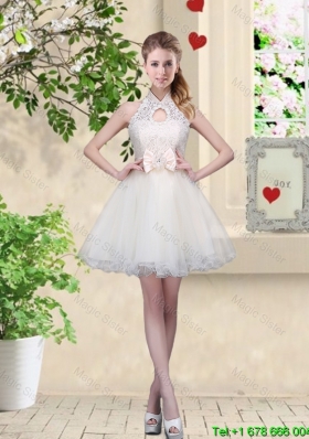 Feminine A Line Halter Top Prom Dresses with Bowknot and Lace