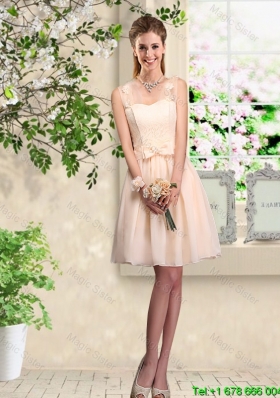 Junior Champagne Straps Prom Dresses with Bowknot