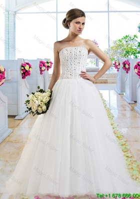 Elegant A Line Brush Train Wedding Dresses with Beading