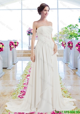Modest Brush Train Wedding Dresses with Belt and Appliques