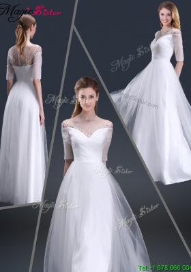 2016 Popular Off the Shoulder Half Sleeves Prom Dresses with Beading