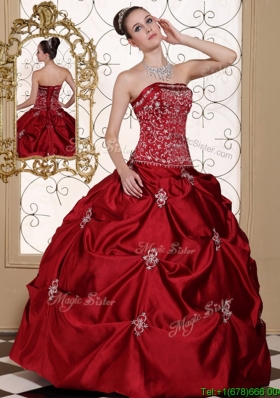 Fashionable Embroidery Wine Red Strapless Quinceanera Dresses