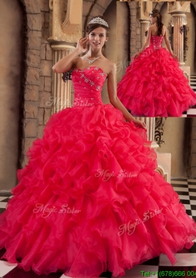 Puffy  Coral Red Sweetheart Quinceanera Gowns with Beading
