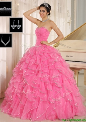 Puffy Rose Pink Quinceanera Dresses with Ruffles and Beading