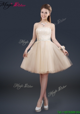 2016 Fashionable Strapless Lace Champagne Prom Dresses