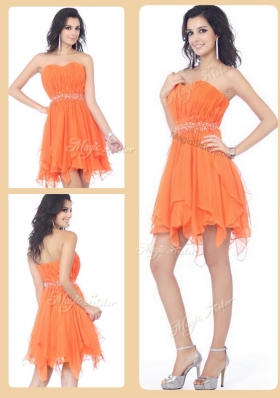 Cheap Sweetheart Beading and Ruching Short Bridesmaid Dresses in Orange