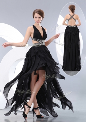 New Style V Neck High Low Best Selling Prom Gowns in Black